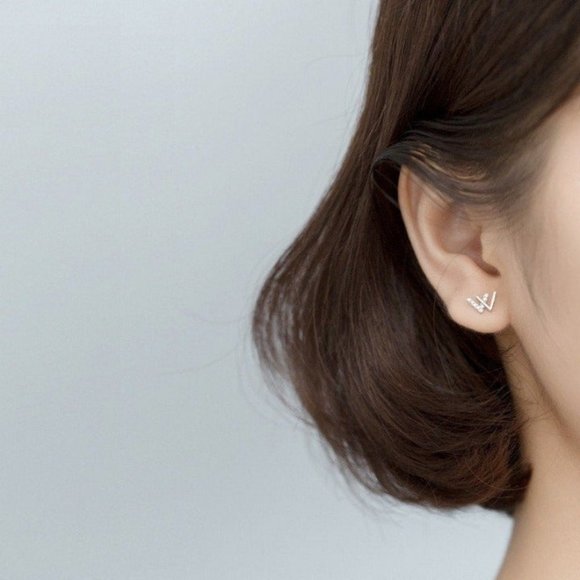 S925 W Shape Studs Earrings w/ Tiny CZ-Gold ECZ013 - Picture 5 of 10